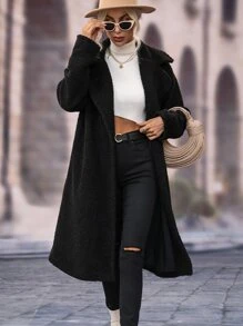 SHEIN LUNE Abrigo teddy de cuello con solapa con parte delantera abierta - Negro - Ver 4