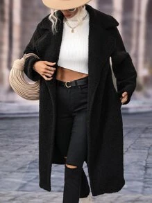 SHEIN LUNE Abrigo teddy de cuello con solapa con parte delantera abierta - Negro - Ver 5