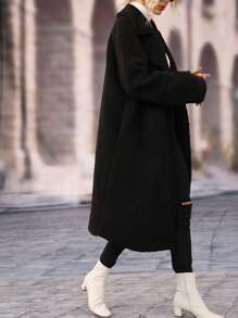 SHEIN LUNE Abrigo teddy de cuello con solapa con parte delantera abierta - Negro - Ver 6