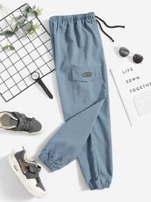 SHEIN 男孩字母補丁細節側翻蓋口袋長褲 - 霧霾藍 - 查看 1