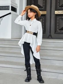 SHEIN 女孩高低下擺前紐扣腰帶襯衫 - 白色 - 查看 3