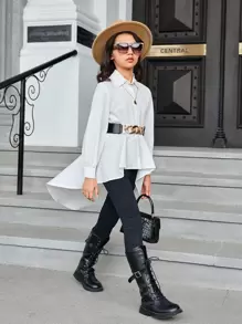 SHEIN 女孩高低下擺前紐扣腰帶襯衫 - 白色 - 查看 1