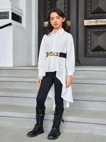 SHEIN 女孩高低下擺前紐扣腰帶襯衫 - 白色 - 查看 5