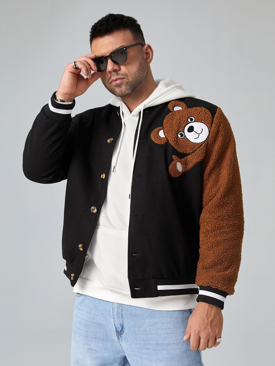Manfinity Men Plus Bear Patched Teddy Panel Varsity Jacket - Black - View 1