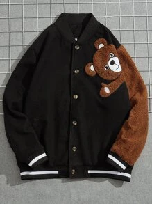 Manfinity Men Plus Bear Patched Teddy Panel Varsity Jacket - Black - View 3