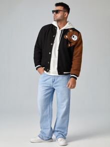 Manfinity Men Plus Bear Patched Teddy Panel Varsity Jacket - Black - View 4