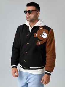 Manfinity Men Plus Bear Patched Teddy Panel Varsity Jacket - Black - View 6