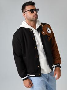 Manfinity Men Plus Bear Patched Teddy Panel Varsity Jacket - Black - View 7