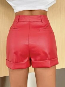 SHEIN Privé High Waist Roll Hem PU Leather Short Shorts - Red - View 2