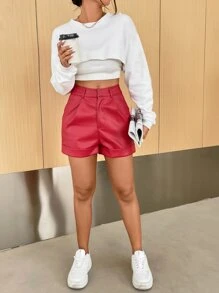 SHEIN Privé High Waist Roll Hem PU Leather Short Shorts - Red - View 3