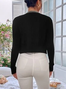 SHEIN Raw Trim Pointelle Knit Cardigan - Black - View 2