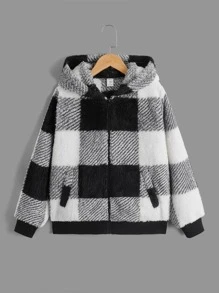 SHEIN 男孩大方格圖案拉鍊連帽泰迪夾克 - 黑與白 - 查看 1