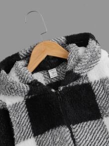 SHEIN 男孩大方格圖案拉鍊連帽泰迪夾克 - 黑與白 - 查看 3