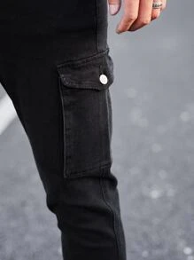 Manfinity Homme Pantalones de carga de hombre de algodón con bolsillo con solapa, ajustados y largos, de lavado oscuro, jean negro liso, adecuados para trabajo de negocios casuales para esposos - Negro - Ver 3