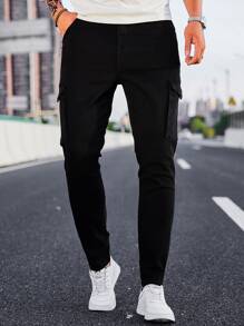 Manfinity Homme Pantalones de carga de hombre de algodón con bolsillo con solapa, ajustados y largos, de lavado oscuro, jean negro liso, adecuados para trabajo de negocios casuales para esposos - Negro - Ver 4