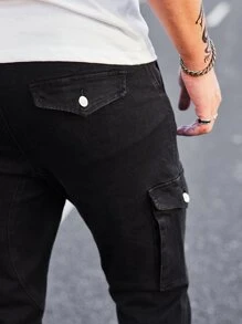 Manfinity Homme Pantalones de carga de hombre de algodón con bolsillo con solapa, ajustados y largos, de lavado oscuro, jean negro liso, adecuados para trabajo de negocios casuales para esposos - Negro - Ver 6