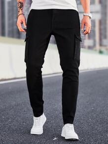 Manfinity Homme Pantalones de carga de hombre de algodón con bolsillo con solapa, ajustados y largos, de lavado oscuro, jean negro liso, adecuados para trabajo de negocios casuales para esposos - Negro - Ver 7