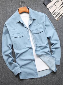 Manfinity Áo sơ mi Denim Nam Túi Nút phía trước màu trơn Giải trí - Rửa nhẹ - Xem 1