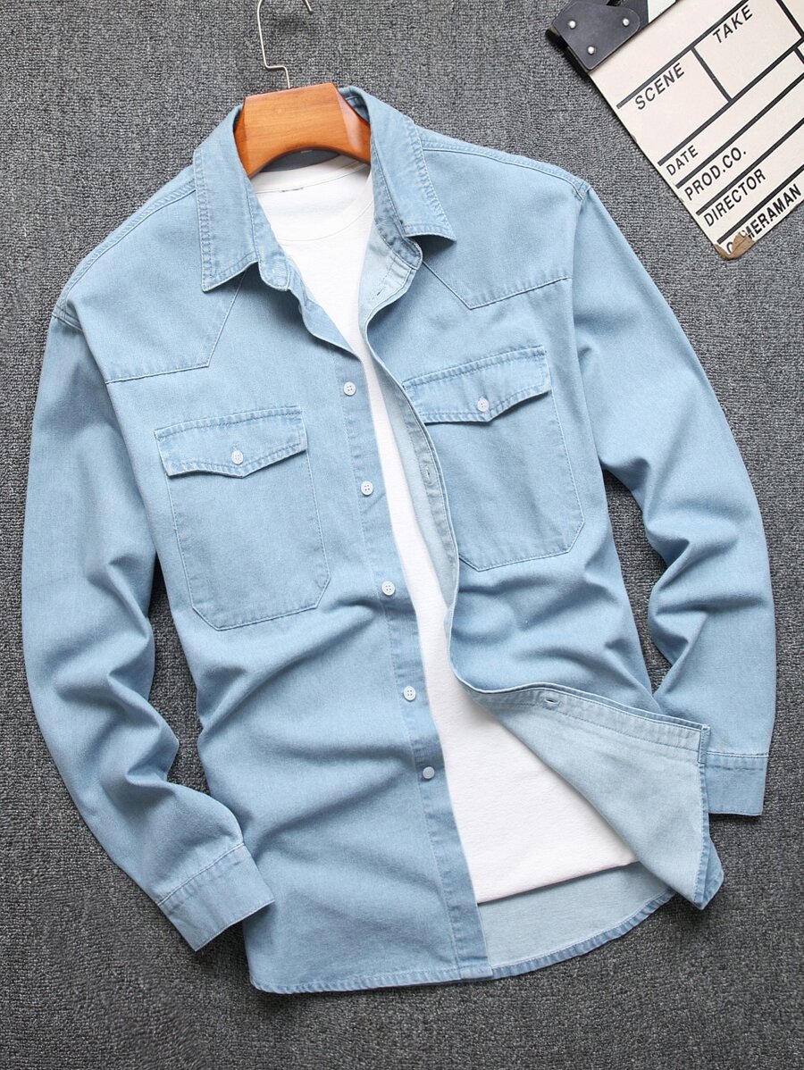Manfinity Áo sơ mi Denim Nam Túi Nút phía trước màu trơn Giải trí - Rửa nhẹ - Xem 1