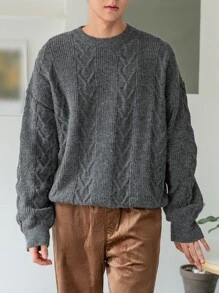 DAZY Hombres Jersey tejido de cable de hombros caídos - Gris - Ver 3