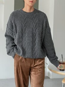 DAZY Hombres Jersey tejido de cable de hombros caídos - Gris - Ver 4