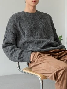 DAZY Hombres Jersey tejido de cable de hombros caídos - Gris - Ver 5