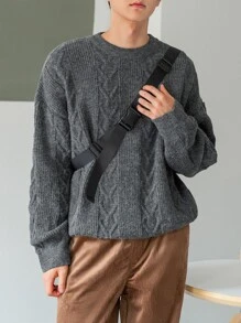 DAZY Hombres Jersey tejido de cable de hombros caídos - Gris - Ver 6