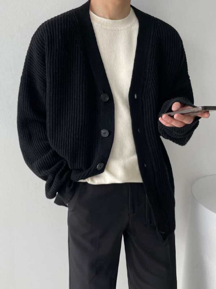 DAZY Chaqueta de punto con hombros caídos para hombre, estilo grunge para otoño e invierno - Negro - Añade 2