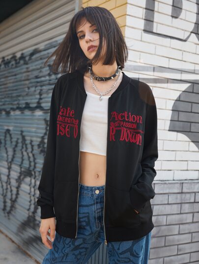 Letter Embroidery Zip Up Bomber Jacket