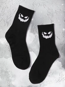 Cartoon Graphic Crew Socks - Black - View 1