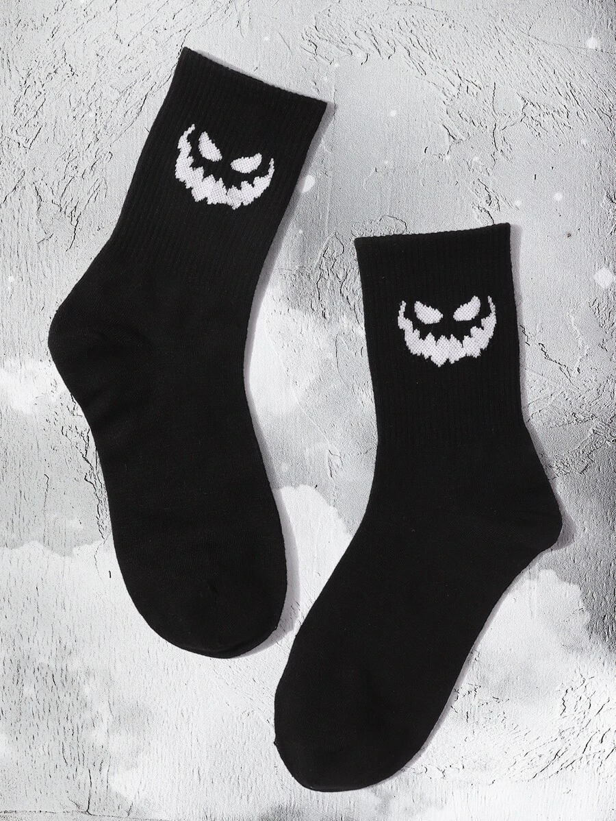 Cartoon Graphic Crew Socks - Black - View 1