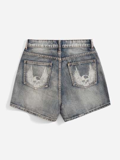 Grunge Punk Shorts de mezclilla para mujer con estampado de alas de calavera, shorts de cintura alta
