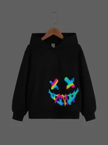 SHEIN Knitted Long Sleeve Sweatshirt For Tween Boy, Reflective Cartoon Pattern Hooded Sweatshirt - Black - View 1