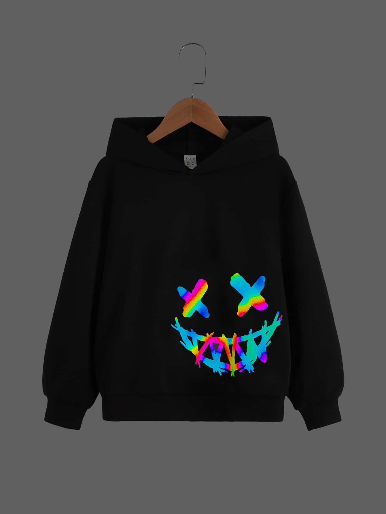 SHEIN Knitted Long Sleeve Sweatshirt For Tween Boy, Reflective Cartoon Pattern Hooded Sweatshirt - Black - View 1