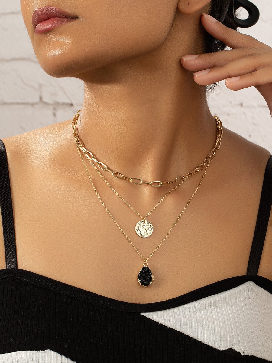 Round & Water-drop Charm Layered Necklace