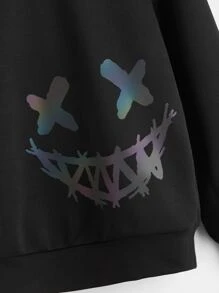 SHEIN Knitted Long Sleeve Sweatshirt For Tween Boy, Reflective Cartoon Pattern Hooded Sweatshirt - Black - View 3