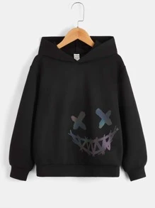 SHEIN Knitted Long Sleeve Sweatshirt For Tween Boy, Reflective Cartoon Pattern Hooded Sweatshirt - Black - View 4