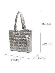 Metallic Quilted Shoulder Tote Bag - Silver - View 6