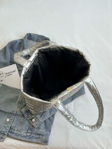 Metallic Quilted Shoulder Tote Bag - Silver - View 3