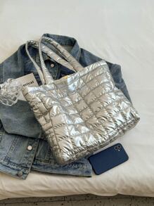 Metallic Quilted Shoulder Tote Bag - Silver - View 4