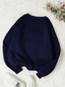 SHEIN EZwear Letter Graphic Drop Shoulder Thermal Sweatshirt - Navy Blue - View 2