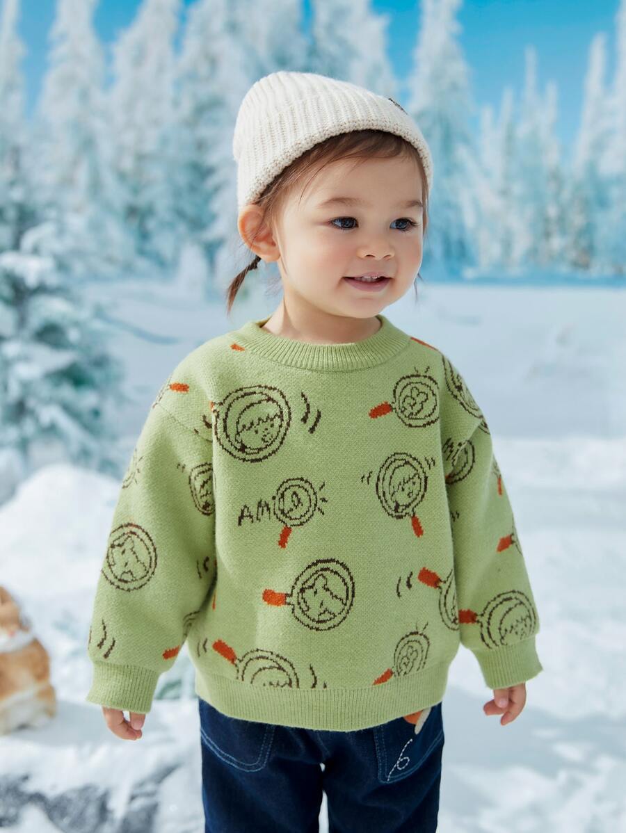 Toddler Girls Cartoon & Letter Pattern Drop Shoulder Jumper - Green - View 1