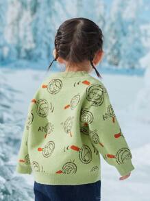 Toddler Girls Cartoon & Letter Pattern Drop Shoulder Jumper - Green - View 2