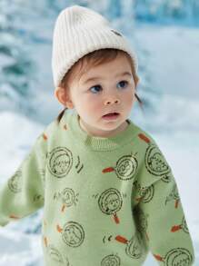 Toddler Girls Cartoon & Letter Pattern Drop Shoulder Jumper - Green - View 3