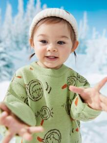 Toddler Girls Cartoon & Letter Pattern Drop Shoulder Jumper - Green - View 4