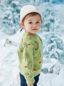 Toddler Girls Cartoon & Letter Pattern Drop Shoulder Jumper - Green - View 5