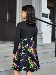 SHEIN Girls Reflective Splatter Paint Belted Dress - Multicolor - View 2