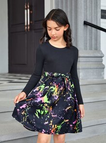 SHEIN Girls Reflective Splatter Paint Belted Dress - Multicolor - View 3