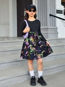 SHEIN Girls Reflective Splatter Paint Belted Dress - Multicolor - View 4