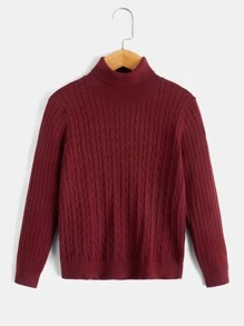 SHEIN 男孩高領麻花編織套頭毛衣 - 紫紅色 - 查看 1